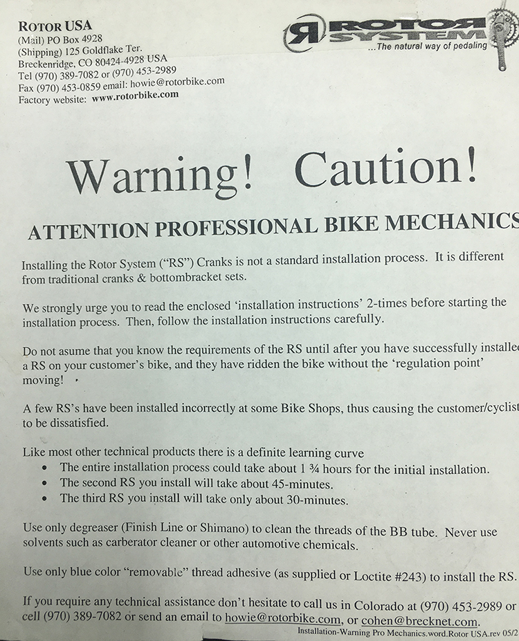 Rotor crankset installation warning